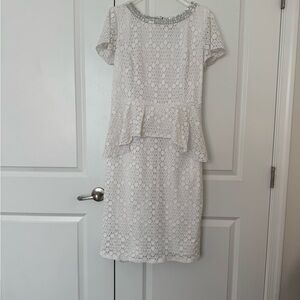 Ashro White Lace Peplum Midi Dress with Beaded Neckline size 16